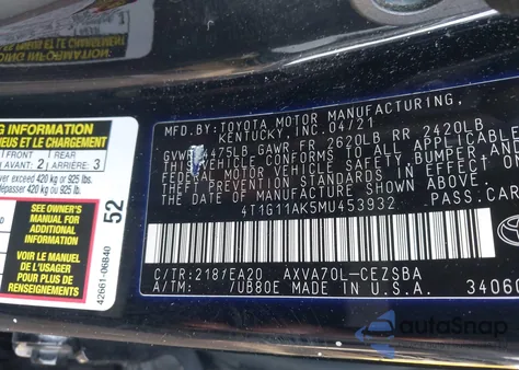 2021 Toyota Camry Se z USA, uszkodzony, nr VIN 4T1G11AK5MU453932